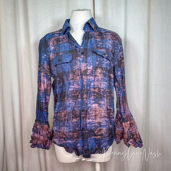 Angry Minnow Vintage Tops - Angry Minnow Vintage Distressed Plaid Ornate Flared Sleeves Shirt